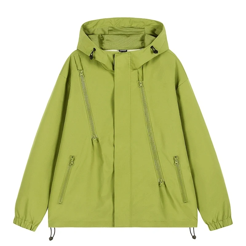 Damen Kurze technische Kapuzenjacke mit asymmetrischen Reißverschlüssen & Kordelzug Drune