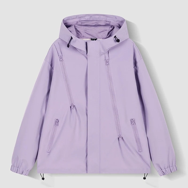 Damen Kurze technische Kapuzenjacke mit asymmetrischen Reißverschlüssen & Kordelzug Drune