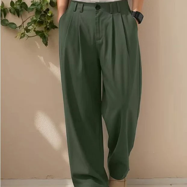 Damen Hochtaillierte weite Bundfaltenhose mit verkürztem Bein und verstellbaren Knopf-Bündchen Drune