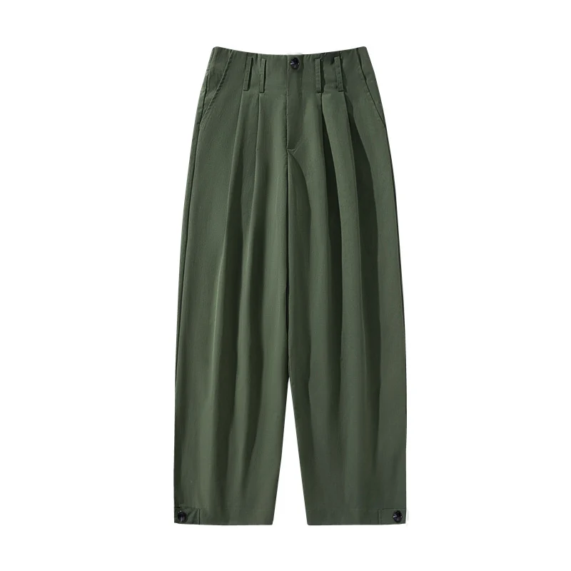 Damen Hochtaillierte weite Bundfaltenhose mit verkürztem Bein und verstellbaren Knopf-Bündchen Drune
