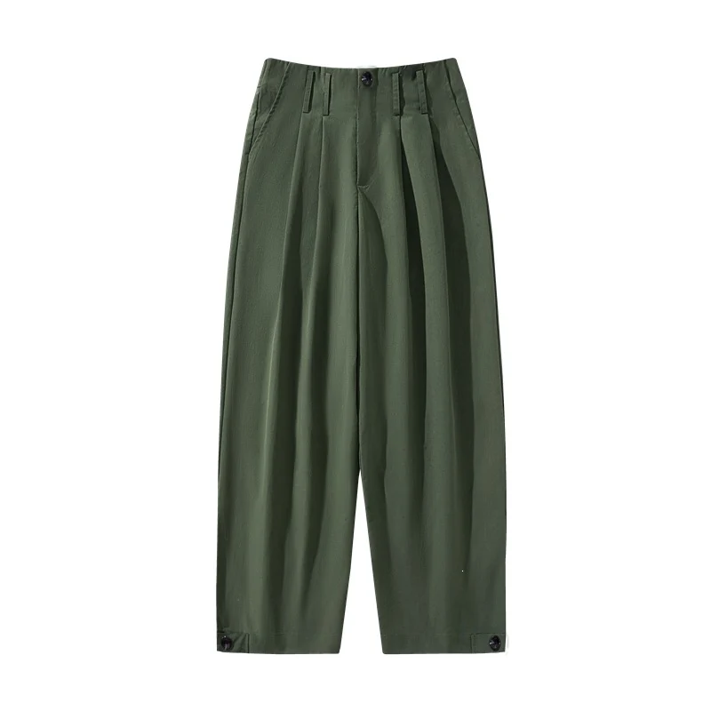 Damen Hochtaillierte weite Bundfaltenhose mit verkürztem Bein und verstellbaren Knopf-Bündchen Drune
