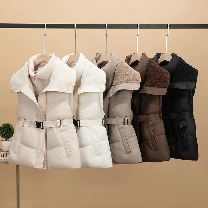 Damen nan wattierte Steppweste mit Strickärmeln und Teddykragen tailliertem Gürtel Drune