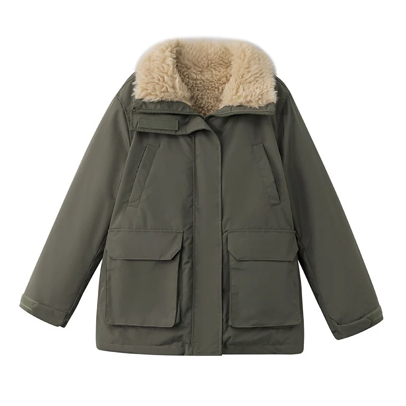 Damen nan urbaner Kurzparka mit Teddyfutter, großzügigen Pattentaschen und verdecktem Zwei-Wege-Reißverschluss Drune