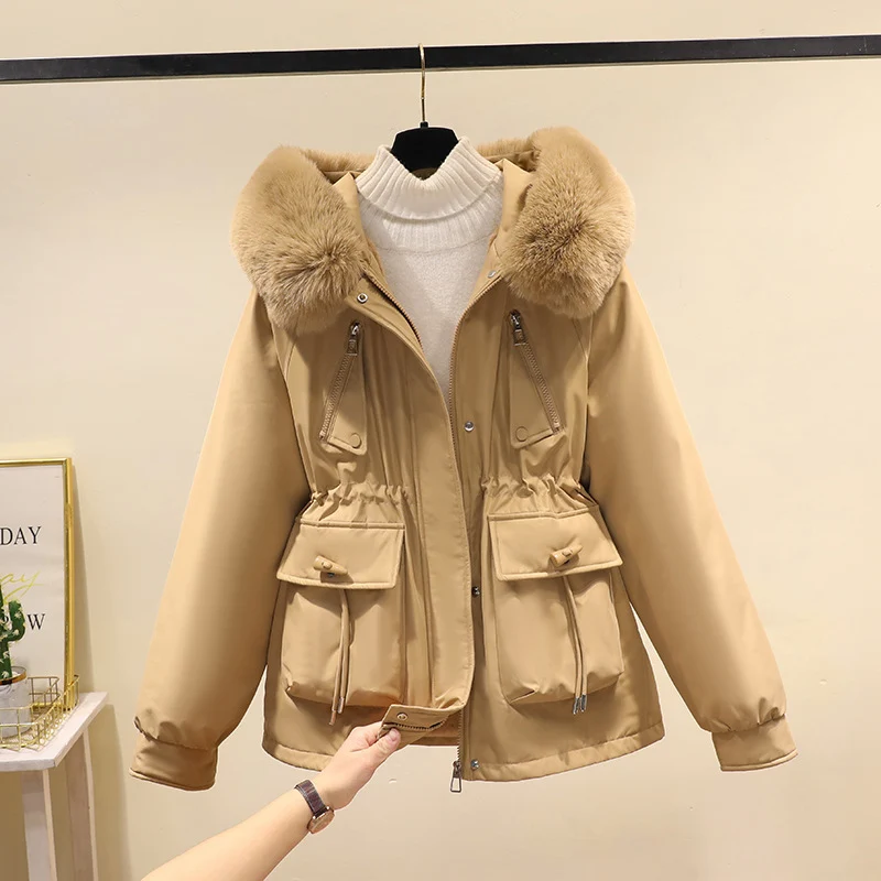 Damen nan Thermo-Parka mit Kapuze, voluminösem Kunstpelzkragen, Tunnelzugtaillierung und Multifunktions-Taschen Drune