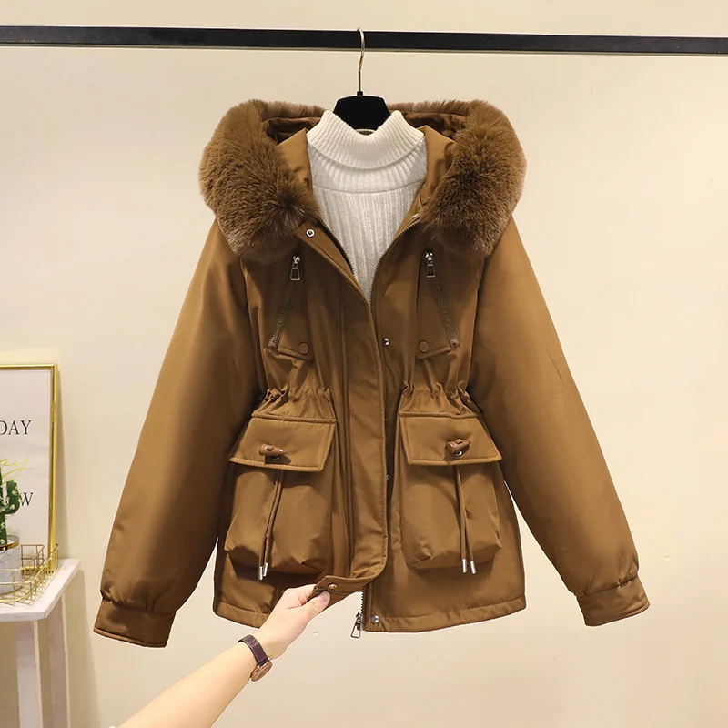 Damen nan Thermo-Parka mit Kapuze, voluminösem Kunstpelzkragen, Tunnelzugtaillierung und Multifunktions-Taschen Drune