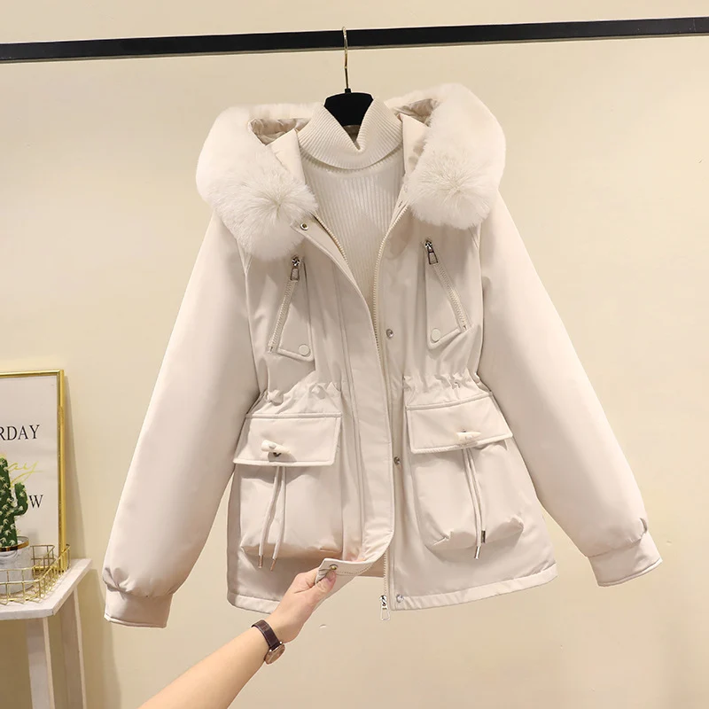 Damen nan Thermo-Parka mit Kapuze, voluminösem Kunstpelzkragen, Tunnelzugtaillierung und Multifunktions-Taschen Drune