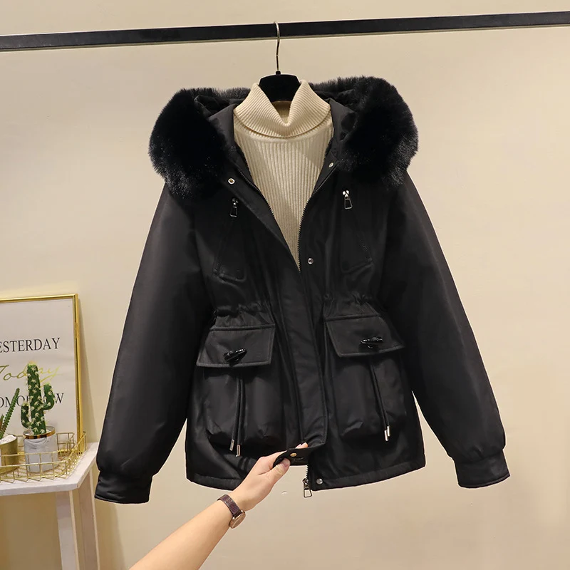 Damen nan Thermo-Parka mit Kapuze, voluminösem Kunstpelzkragen, Tunnelzugtaillierung und Multifunktions-Taschen Drune