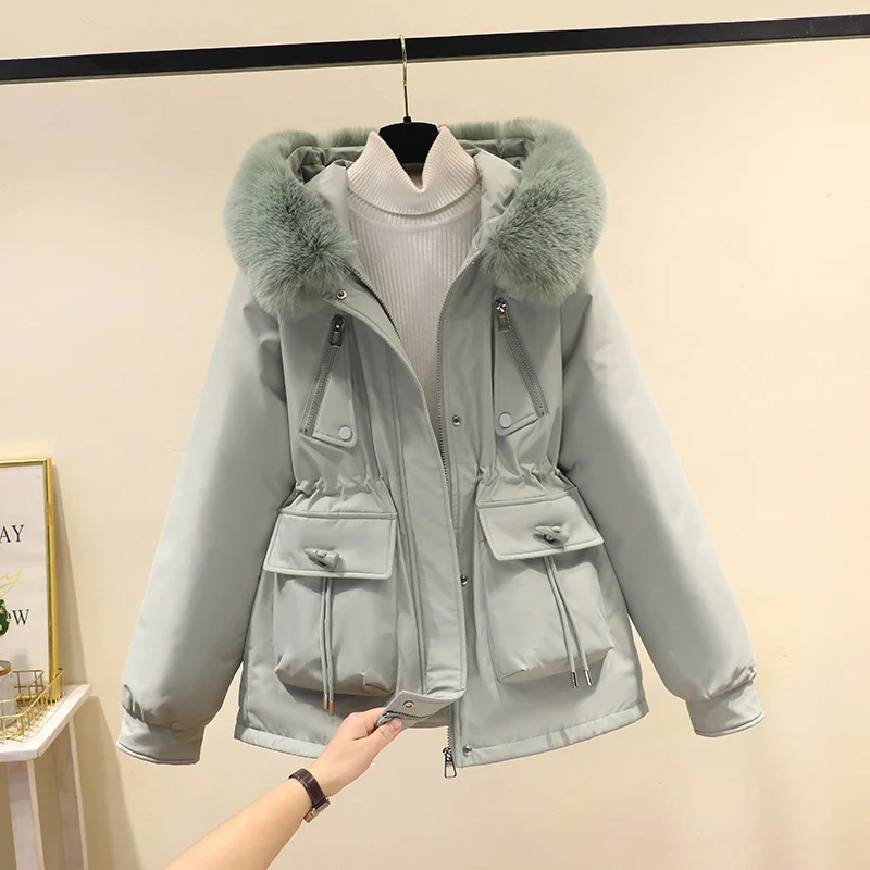 Damen nan Thermo-Parka mit Kapuze, voluminösem Kunstpelzkragen, Tunnelzugtaillierung und Multifunktions-Taschen Drune