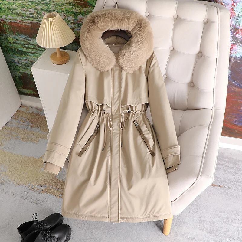 Damen nan taillierter Winterparka mit breitem Kunstfellkragen und Kordelzugtaillierung Drune