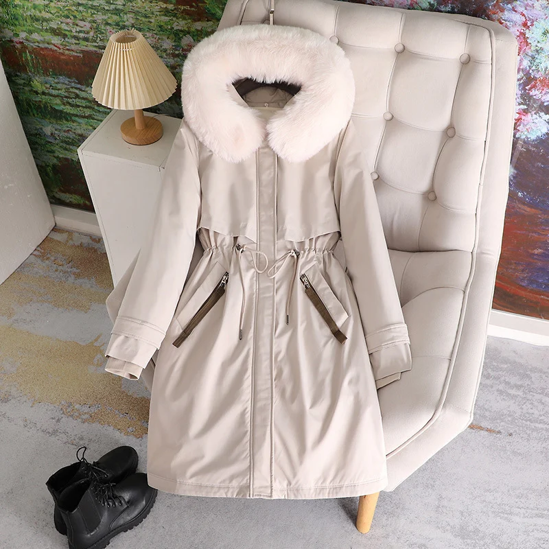 Damen nan taillierter Winterparka mit breitem Kunstfellkragen und Kordelzugtaillierung Drune
