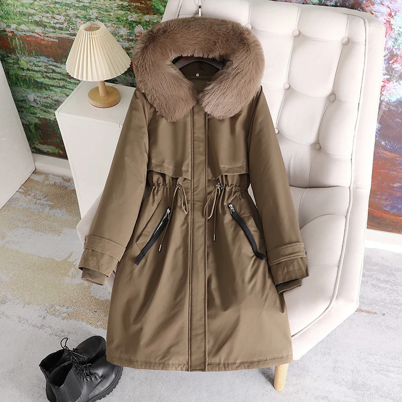 Damen nan taillierter Winterparka mit breitem Kunstfellkragen und Kordelzugtaillierung Drune