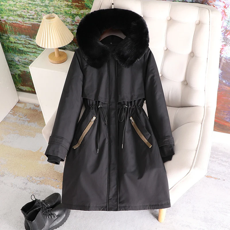 Damen nan taillierter Winterparka mit breitem Kunstfellkragen und Kordelzugtaillierung Drune