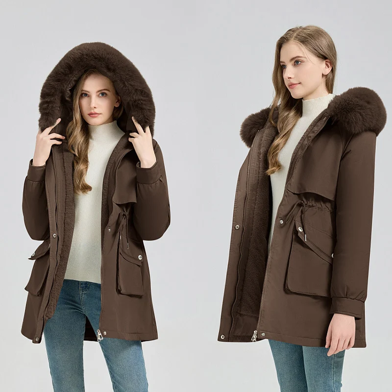 Damen nan taillierter Thermo-Parka mit abnehmbarer Kunstpelzkapuze, weichem Teddyfutter und verstellbarem Tunnelzug Drune