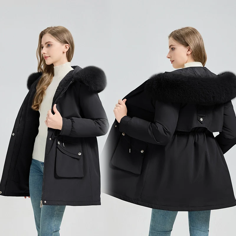 Damen nan taillierter Thermo-Parka mit abnehmbarer Kunstpelzkapuze, weichem Teddyfutter und verstellbarem Tunnelzug Drune