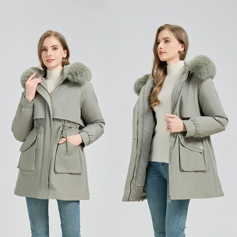 Damen nan taillierter Thermo-Parka mit abnehmbarer Kunstpelzkapuze, weichem Teddyfutter und verstellbarem Tunnelzug Drune