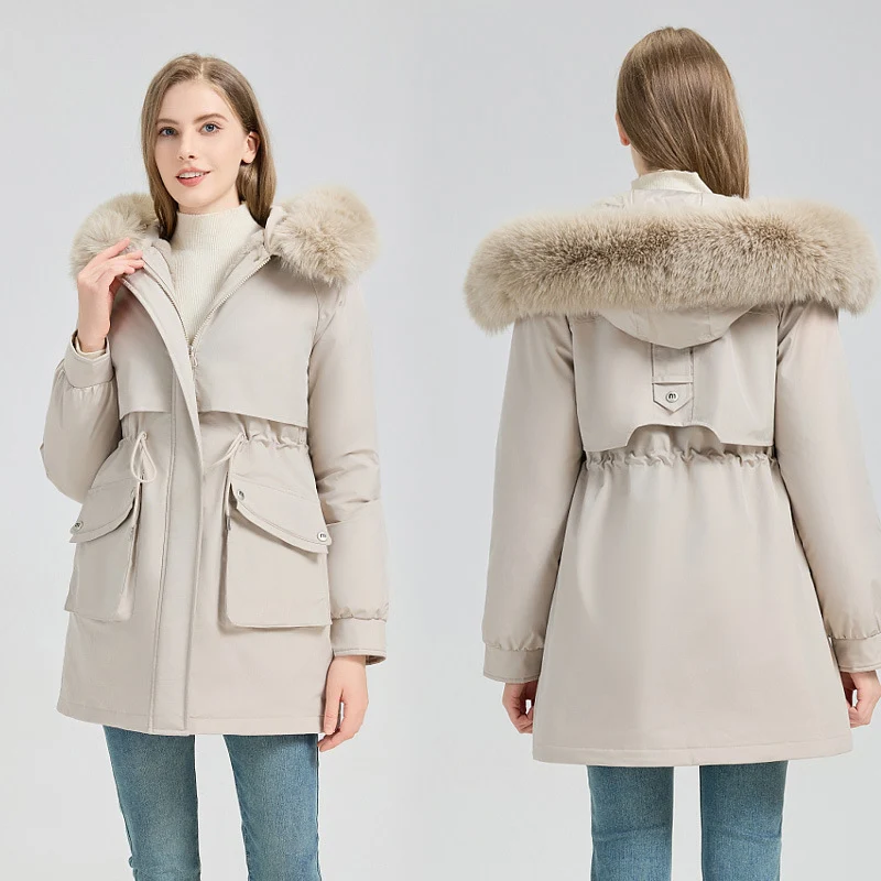 Damen nan taillierter Thermo-Parka mit abnehmbarer Kunstpelzkapuze, weichem Teddyfutter und verstellbarem Tunnelzug Drune