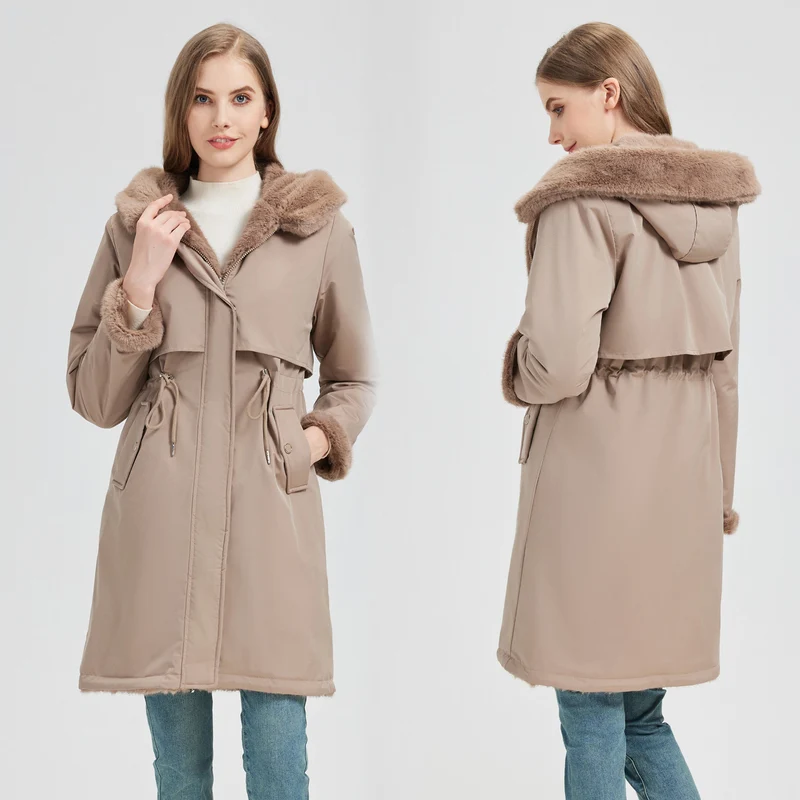 Damen nan taillierter langer Thermoparka mit Webpelzbesatz an Kapuze und Ärmeln sowie Kordeltaille Drune
