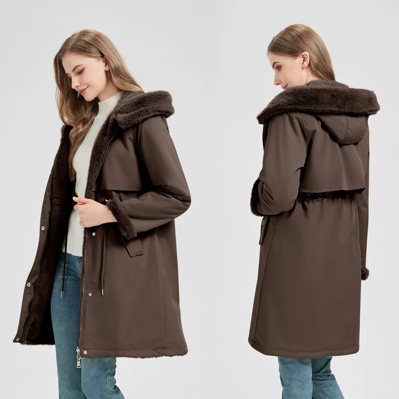 Damen nan taillierter langer Thermoparka mit Webpelzbesatz an Kapuze und Ärmeln sowie Kordeltaille Drune