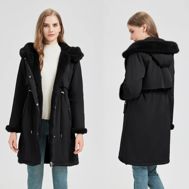 Damen nan taillierter langer Thermoparka mit Webpelzbesatz an Kapuze und Ärmeln sowie Kordeltaille Drune