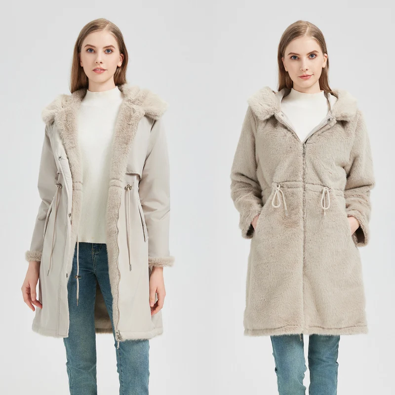 Damen nan taillierter langer Thermoparka mit Webpelzbesatz an Kapuze und Ärmeln sowie Kordeltaille Drune