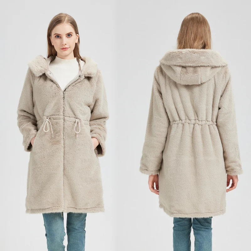 Damen nan taillierter langer Thermoparka mit Webpelzbesatz an Kapuze und Ärmeln sowie Kordeltaille Drune