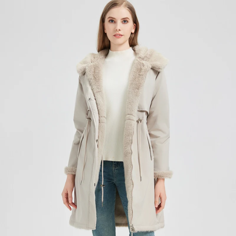 Damen nan taillierter langer Thermoparka mit Webpelzbesatz an Kapuze und Ärmeln sowie Kordeltaille Drune