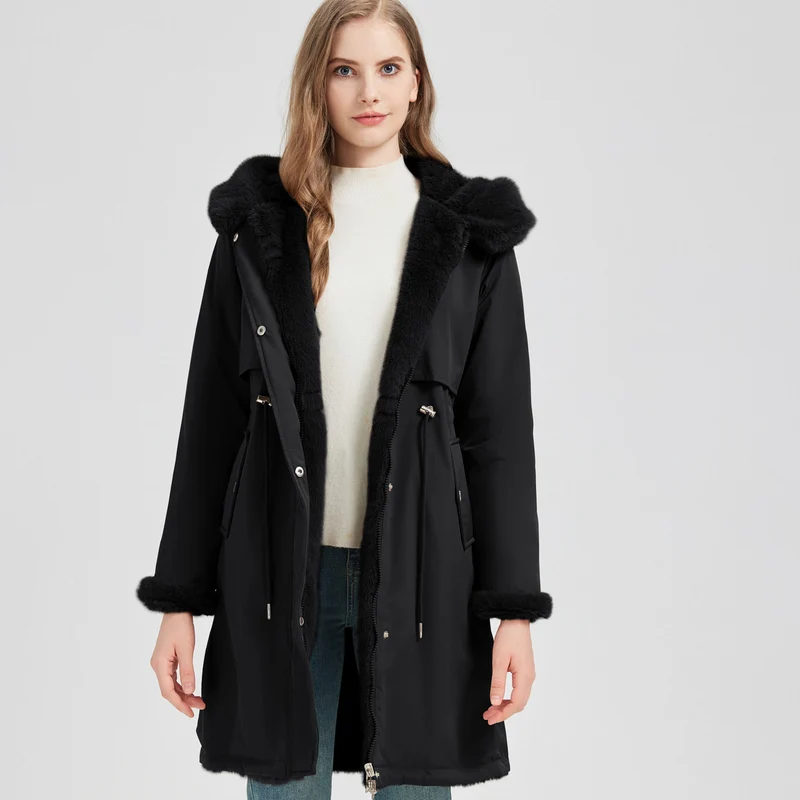 Damen nan taillierter langer Thermoparka mit Webpelzbesatz an Kapuze und Ärmeln sowie Kordeltaille Drune