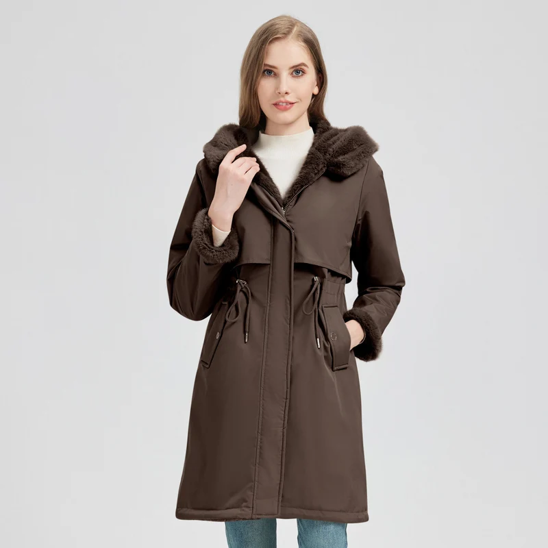 Damen nan taillierter langer Thermoparka mit Webpelzbesatz an Kapuze und Ärmeln sowie Kordeltaille Drune