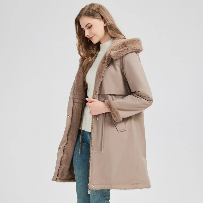 Damen nan taillierter langer Thermoparka mit Webpelzbesatz an Kapuze und Ärmeln sowie Kordeltaille Drune