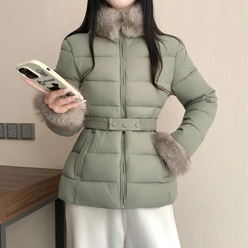 Damen nan taillierte Thermosteppjacke mit abnehmbarem Fake-Fur-Kragen und elastischem Taillengürtel Drune