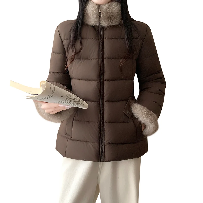 Damen nan taillierte Thermosteppjacke mit abnehmbarem Fake-Fur-Kragen und elastischem Taillengürtel Drune