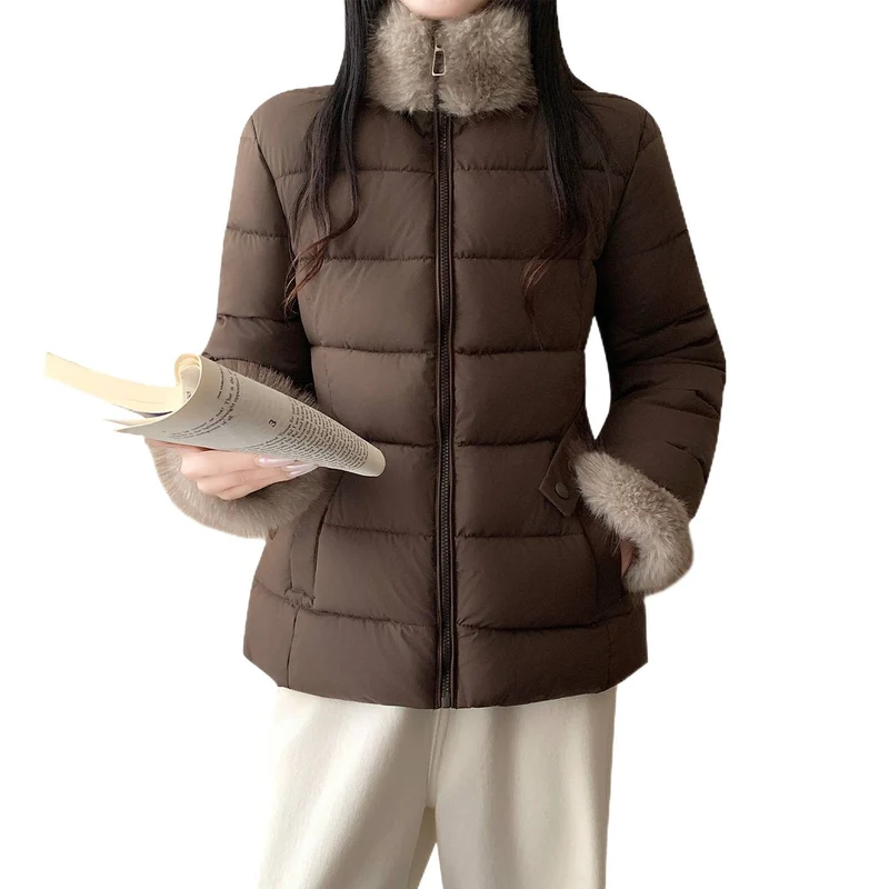 Damen nan taillierte Thermo-Kurzjacke mit elastischem Taillengürtel, Webpelzkragen und Kunstfellmanschetten Drune