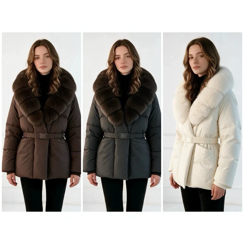 Damen nan taillierte Steppjacke mit übergroßem Webpelzkragen, taillierendem Gürtel und wärmender Thermofüllung Drune