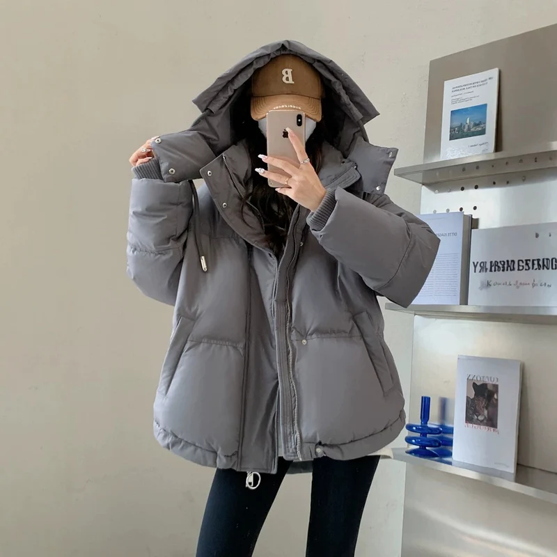 Damen nan oversized gesteppte Kurzjacke mit Kapuze, winddichter Fütterung und übergroßem Kragen Drune