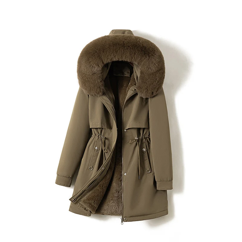 Damen nan moderner Thermoparka im Clean‑Look mit Oversize‑Fellkapuze, innenweichem Teddyfutter und verstellbarer Taille Drune