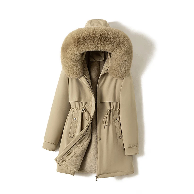 Damen nan moderner Thermoparka im Clean‑Look mit Oversize‑Fellkapuze, innenweichem Teddyfutter und verstellbarer Taille Drune