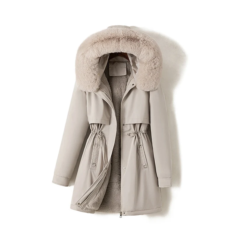 Damen nan moderner Thermoparka im Clean‑Look mit Oversize‑Fellkapuze, innenweichem Teddyfutter und verstellbarer Taille Drune