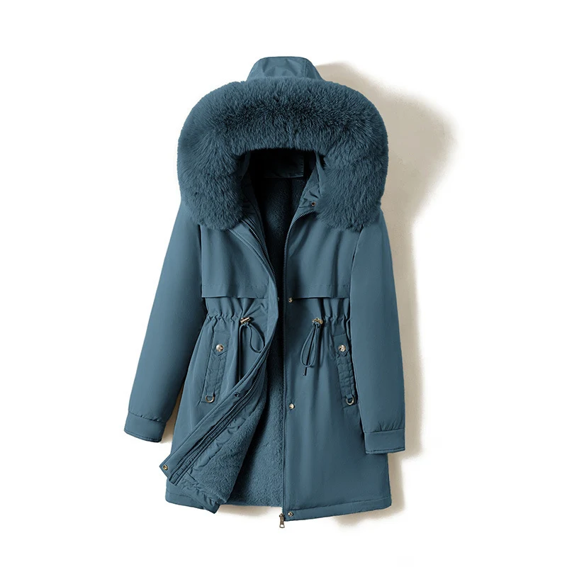 Damen nan moderner Thermoparka im Clean‑Look mit Oversize‑Fellkapuze, innenweichem Teddyfutter und verstellbarer Taille Drune