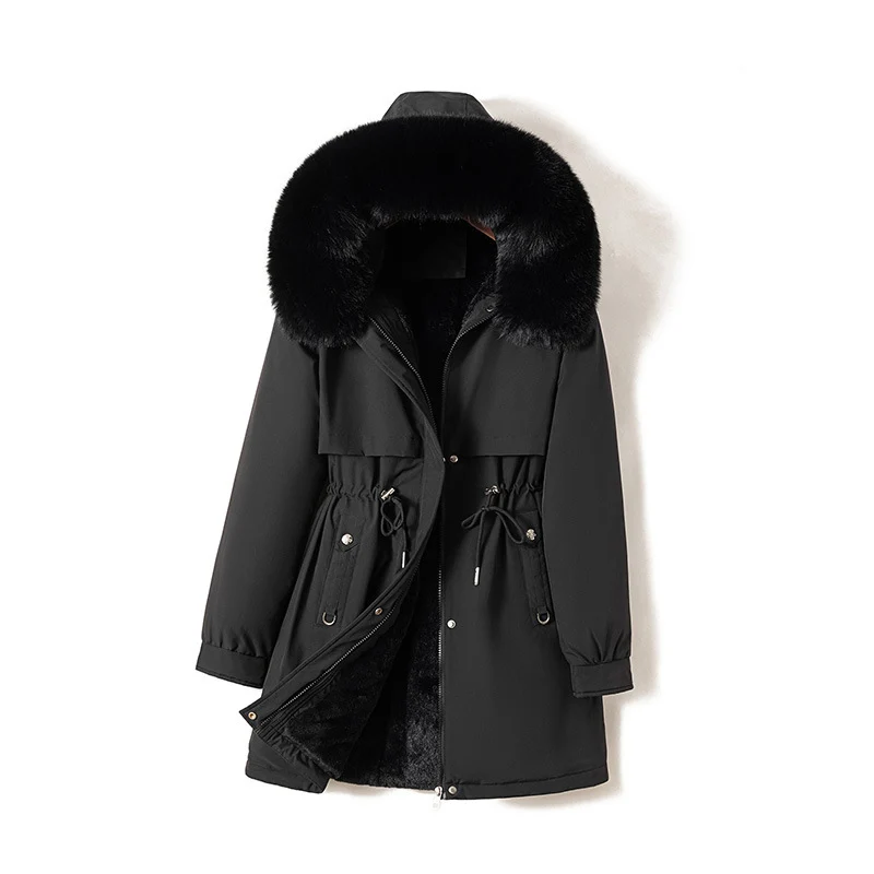Damen nan moderner Thermoparka im Clean‑Look mit Oversize‑Fellkapuze, innenweichem Teddyfutter und verstellbarer Taille Drune