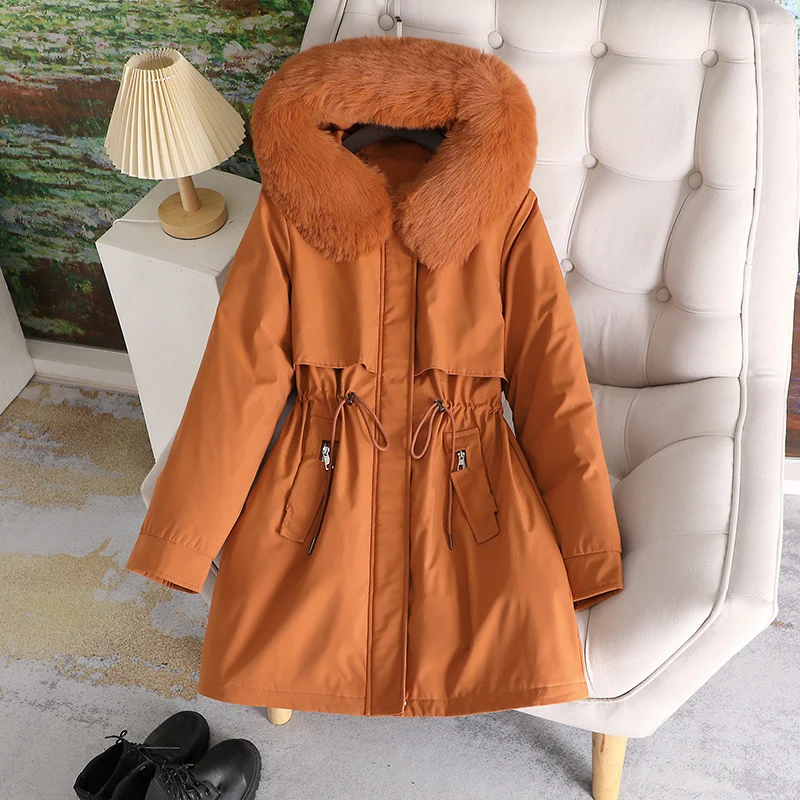 Damen nan mittellanger wasserabweisender Parka mit voluminösem Kunstfellkragen, Taillenzug und multifunktionalen Pattentaschen Drune