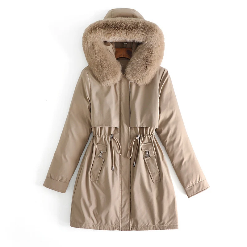Damen nan mittellanger wasserabweisender Parka mit voluminösem Kunstfellkragen, Taillenzug und multifunktionalen Pattentaschen Drune