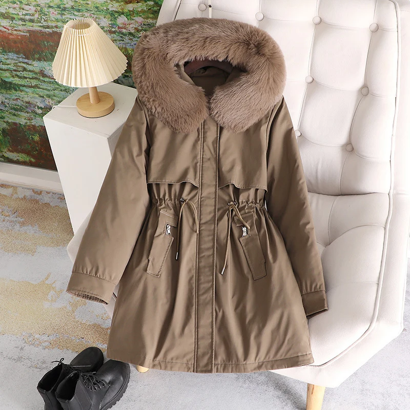 Damen nan mittellanger wasserabweisender Parka mit voluminösem Kunstfellkragen, Taillenzug und multifunktionalen Pattentaschen Drune