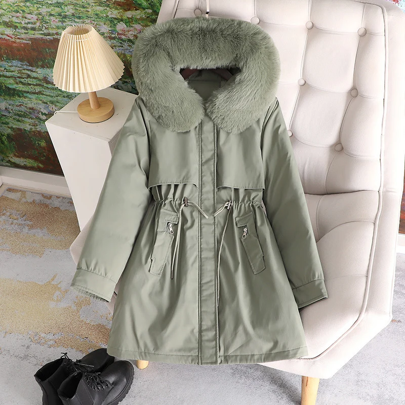 Damen nan mittellanger wasserabweisender Parka mit voluminösem Kunstfellkragen, Taillenzug und multifunktionalen Pattentaschen Drune