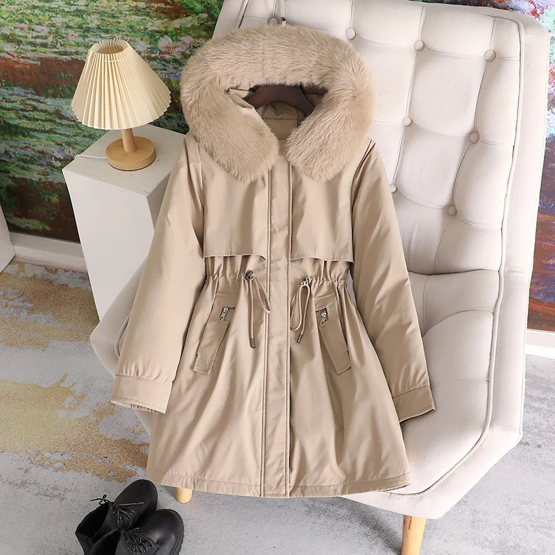 Damen nan mittellanger wasserabweisender Parka mit voluminösem Kunstfellkragen, Taillenzug und multifunktionalen Pattentaschen Drune