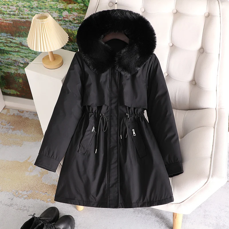 Damen nan mittellanger wasserabweisender Parka mit voluminösem Kunstfellkragen, Taillenzug und multifunktionalen Pattentaschen Drune