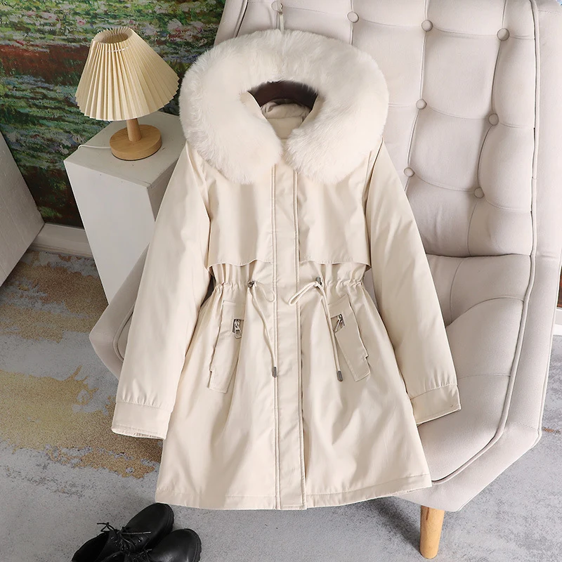 Damen nan mittellanger wasserabweisender Parka mit voluminösem Kunstfellkragen, Taillenzug und multifunktionalen Pattentaschen Drune