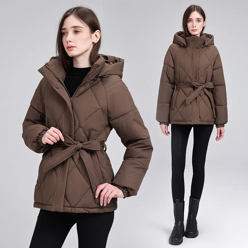 Damen nan luxuriöse kurze Pufferjacke mit integriertem Windschutzkragen und Taillengürtel Drune