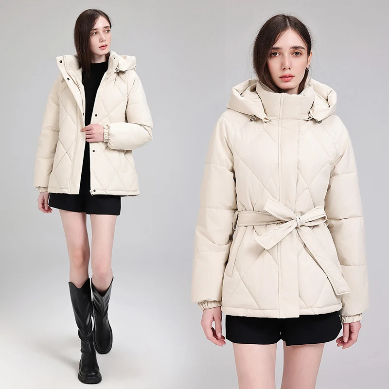 Damen nan luxuriöse kurze Pufferjacke mit integriertem Windschutzkragen und Taillengürtel Drune