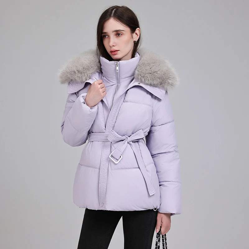 Damen nan luxuriöse kurze Pufferjacke mit integriertem Windschutzkragen und Taillengürtel Drune