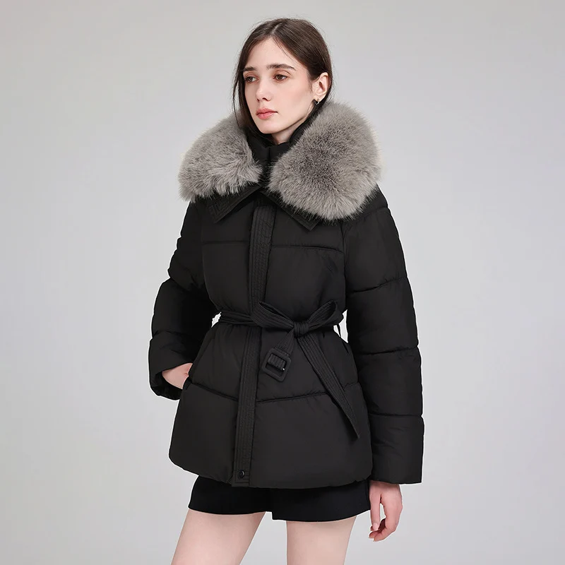 Damen nan luxuriöse kurze Pufferjacke mit integriertem Windschutzkragen und Taillengürtel Drune